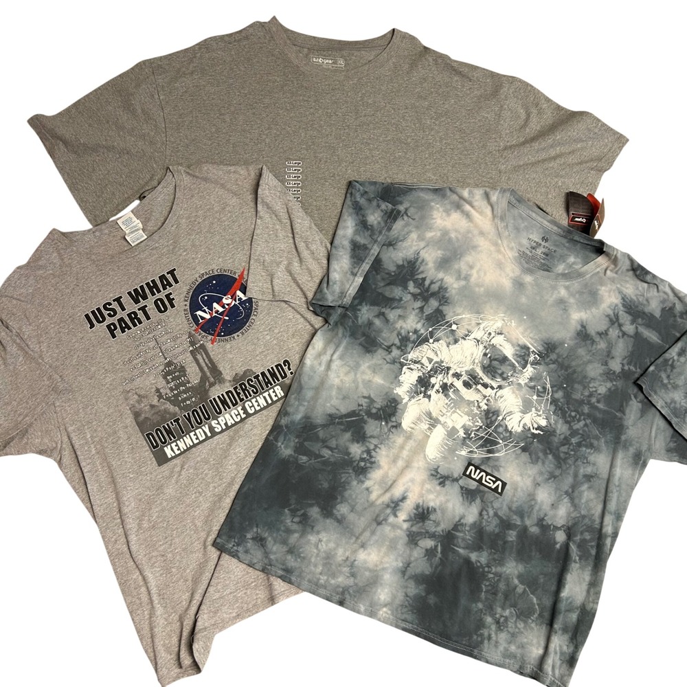 Lot of 3 Mens Graphic T-Shirts 2XL NASA Kennedy Space Center SA Gear Gray Blue